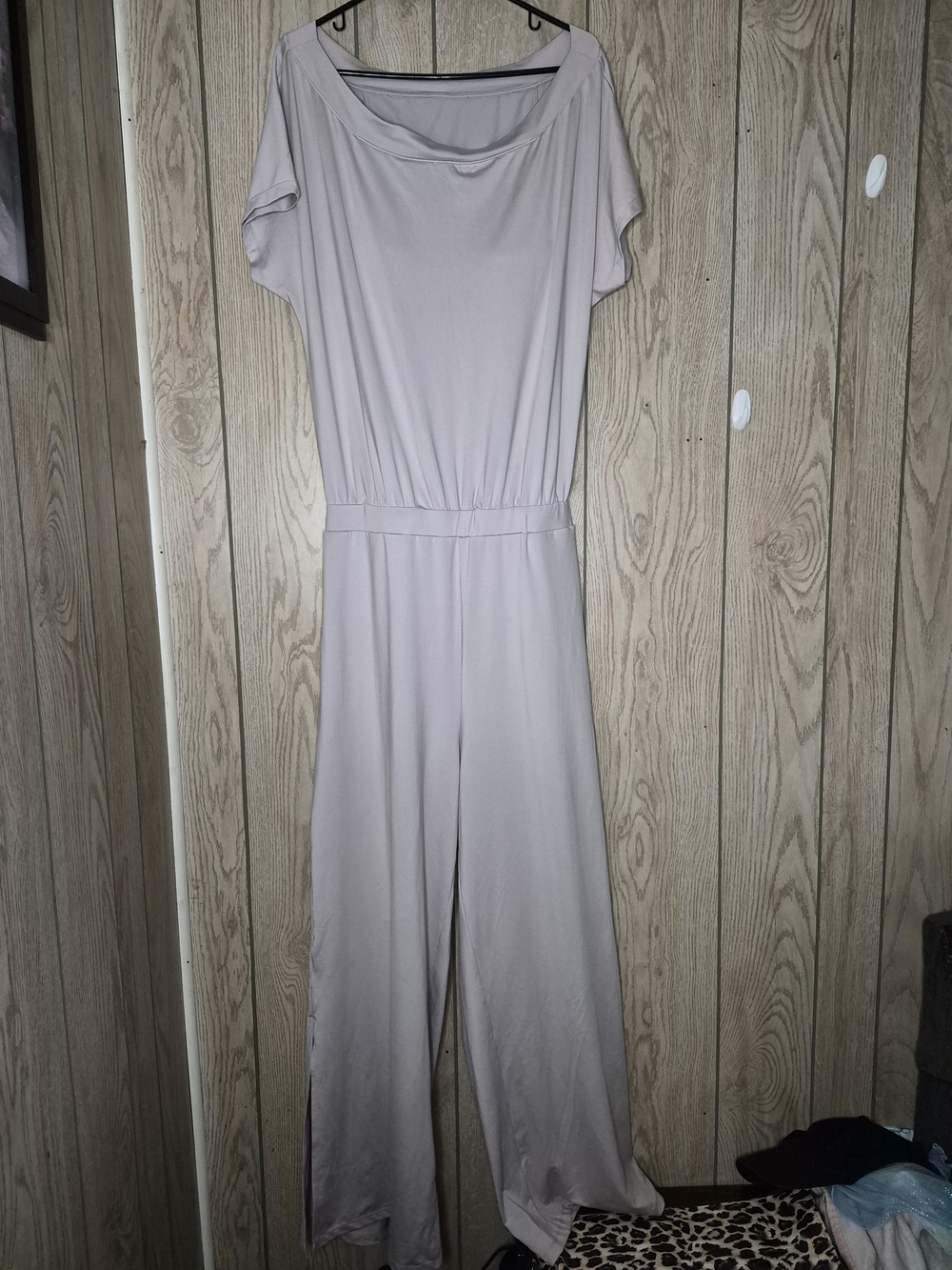 Halara Easy Peezy Off-Shoulder Split Hem Wide Leg Jumpsuit Gray L NWT